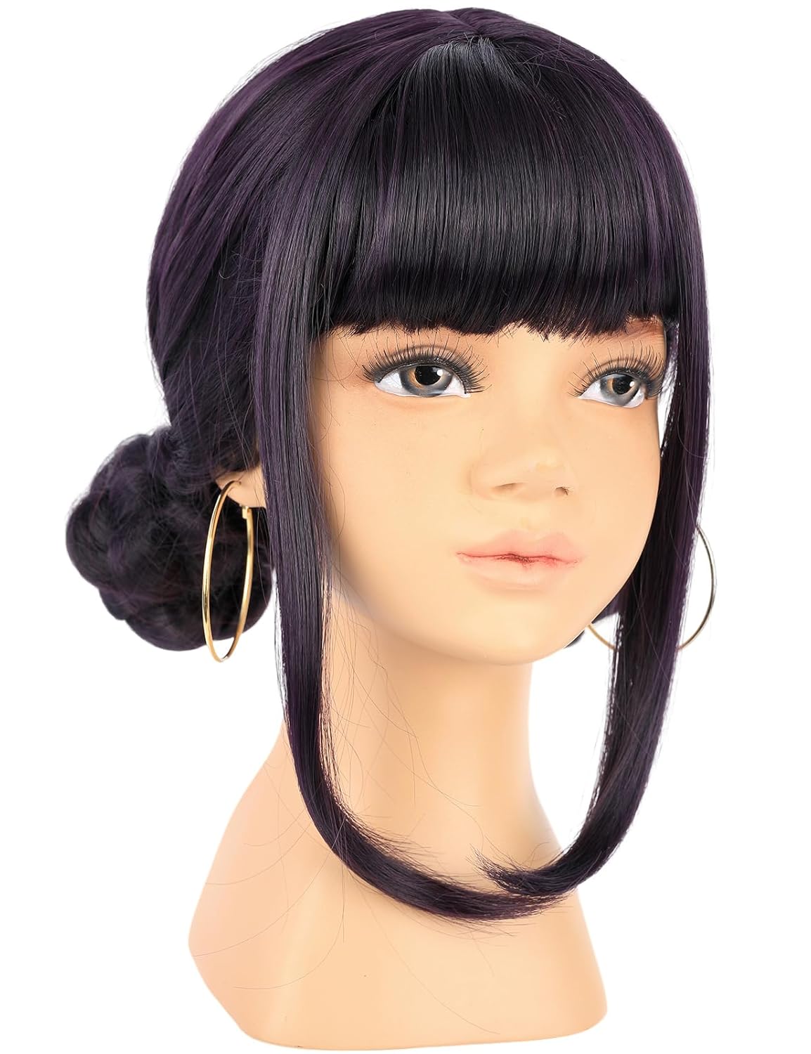 Short Black Puple Wig with Two Buns – High Temperature Heat Resistant Silk Fiber – Natural Looking Costume Wig for Halloween Party, Cosplay (Black Purple, Small Size)