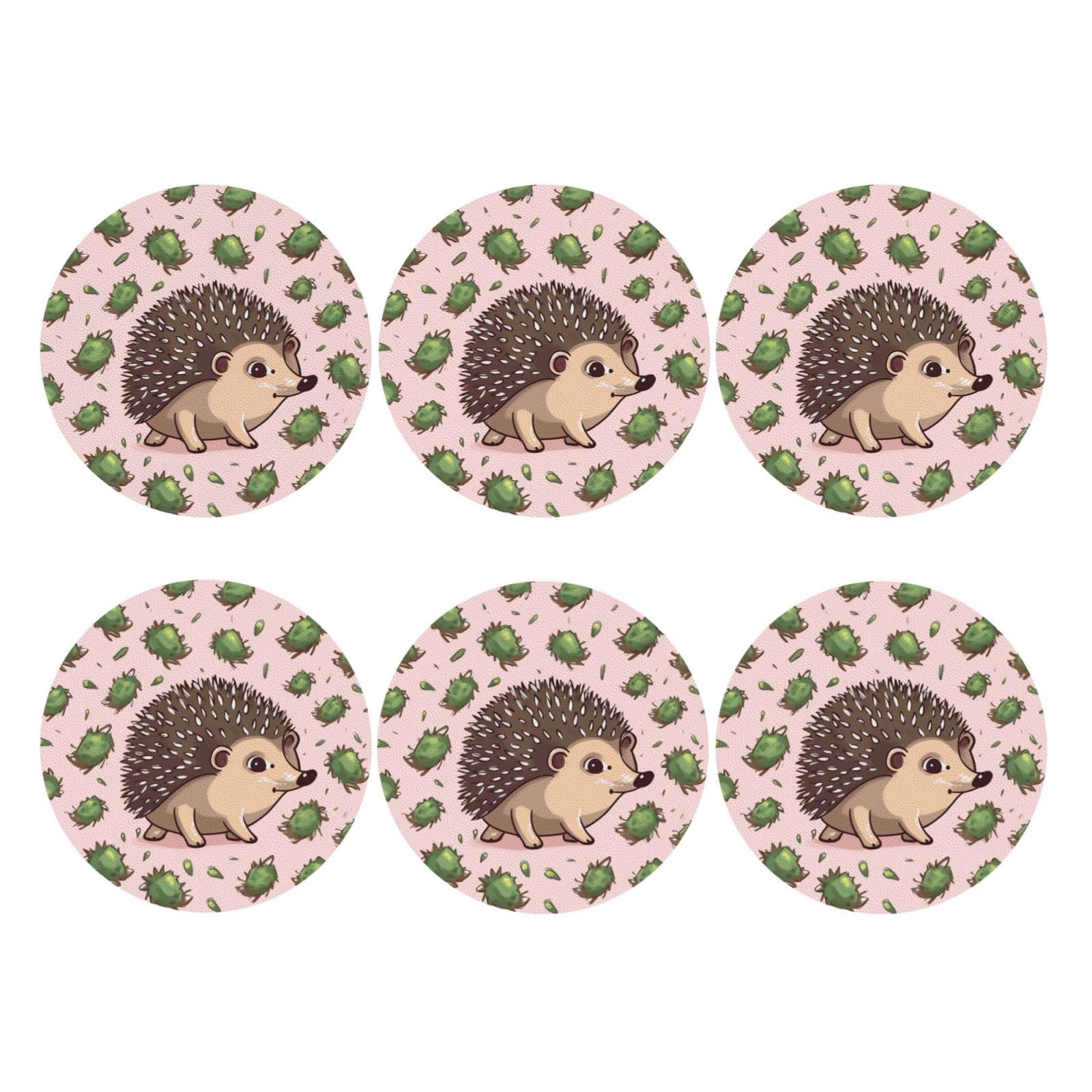 6pcs Leather Coasters for Drinks, Cartoon Hedgehog Drink Coasters for Tabletop Protection, 4" Cup Coasters for Coffee Table Decor, Non-Slip Drinking Cup Mat for Hot Or Cold Drink