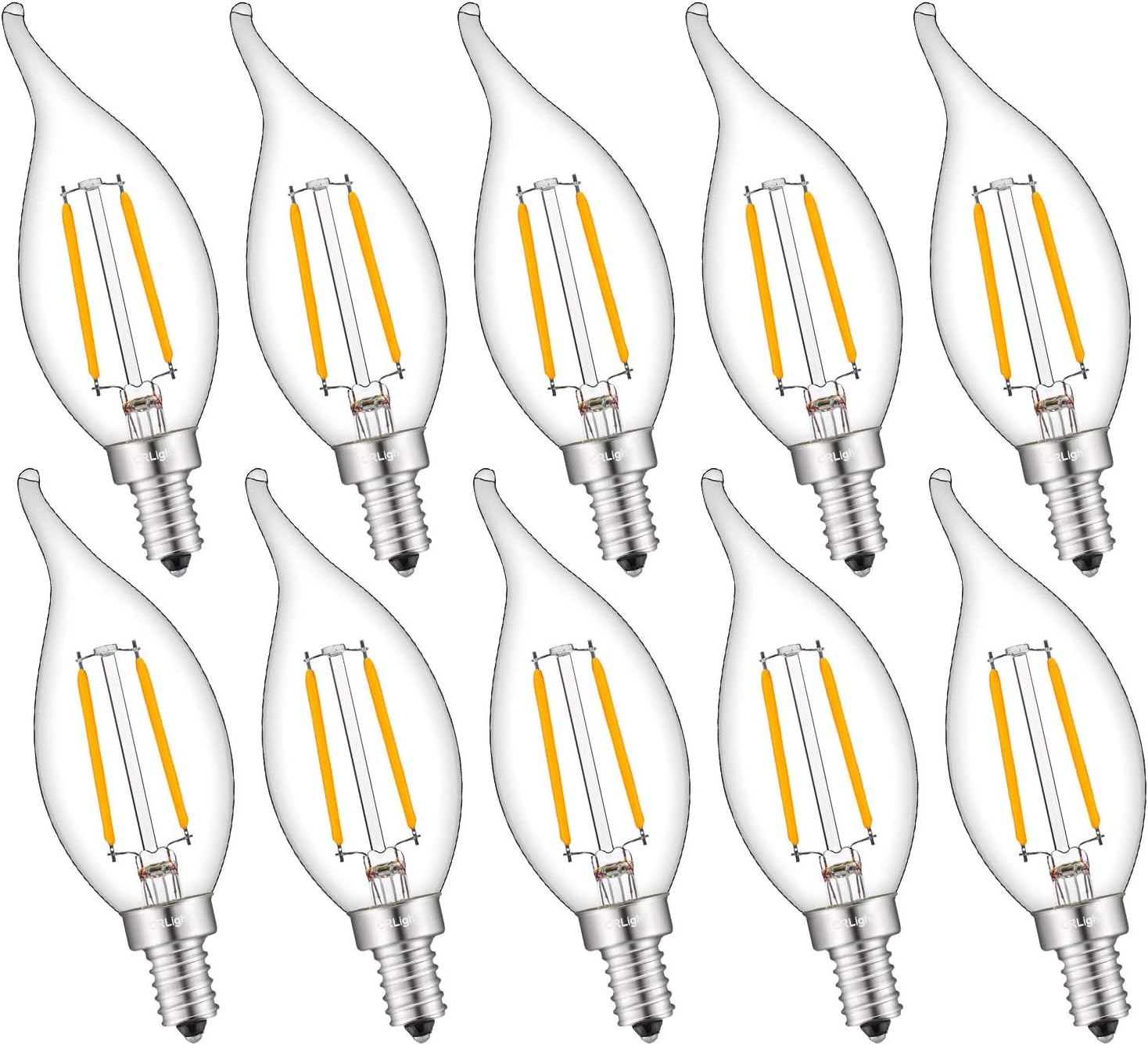 CRLight 2W 250LM Dimmable LED Candelabra Bulb 2500K Warm White, 25W Equivalent E12 LED Candle Bulbs, Antique CA11 Flame Shape Clear Chandelier Light Bulbs, 10 Pack