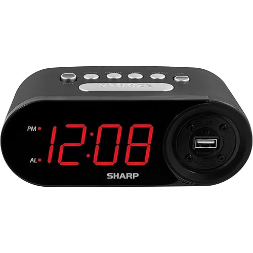 SHARP Digital Easy Read Alarm Clock with High-Speed USB Charging for Phones, Tablets - Simple Operation, Midnight Black