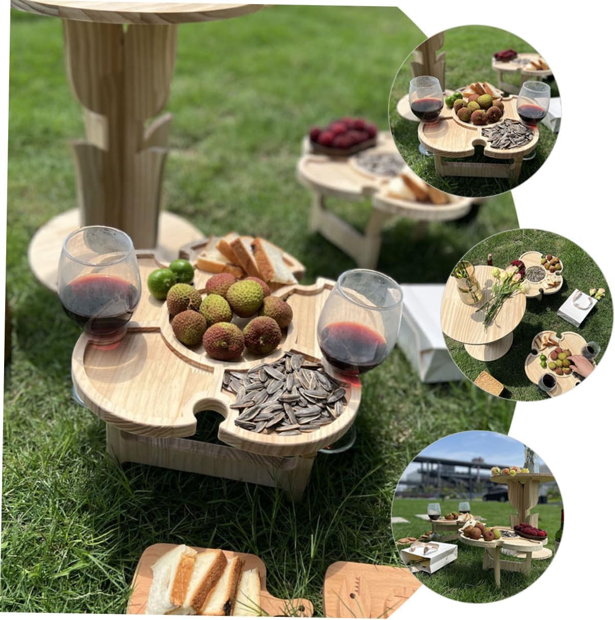 Portable Folding Picnic Table with Wine Rack Tray, 35cm Flower-Shaped Wooden Outdoor Camping Beach Table for Travel and BBQ