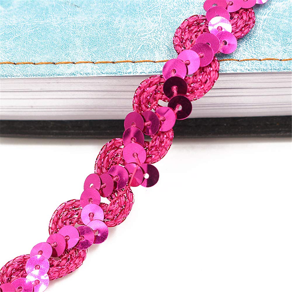 5 Meters 1.5cm Sparkly Sequins Fabric Trim Elastic Sequin Ribbon Trim Bling Stretch Trim Glitter Mesh Shiny Sewing Paillette Ribbon Lace Band for Halloween Mermaid Dress Headband Costume (N-Rose Red)