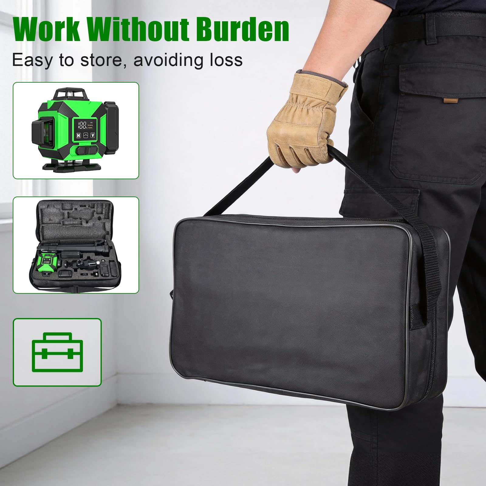 Livella Laser Autolivellante con Treppiede, 4 x 360° Laser a Linee Incrociate, Livella Laser Verde Regolabile Luminosità, Dispositivo di Livellamento con 2 x 3600 mAh Batteria per cantieri Interni DIY