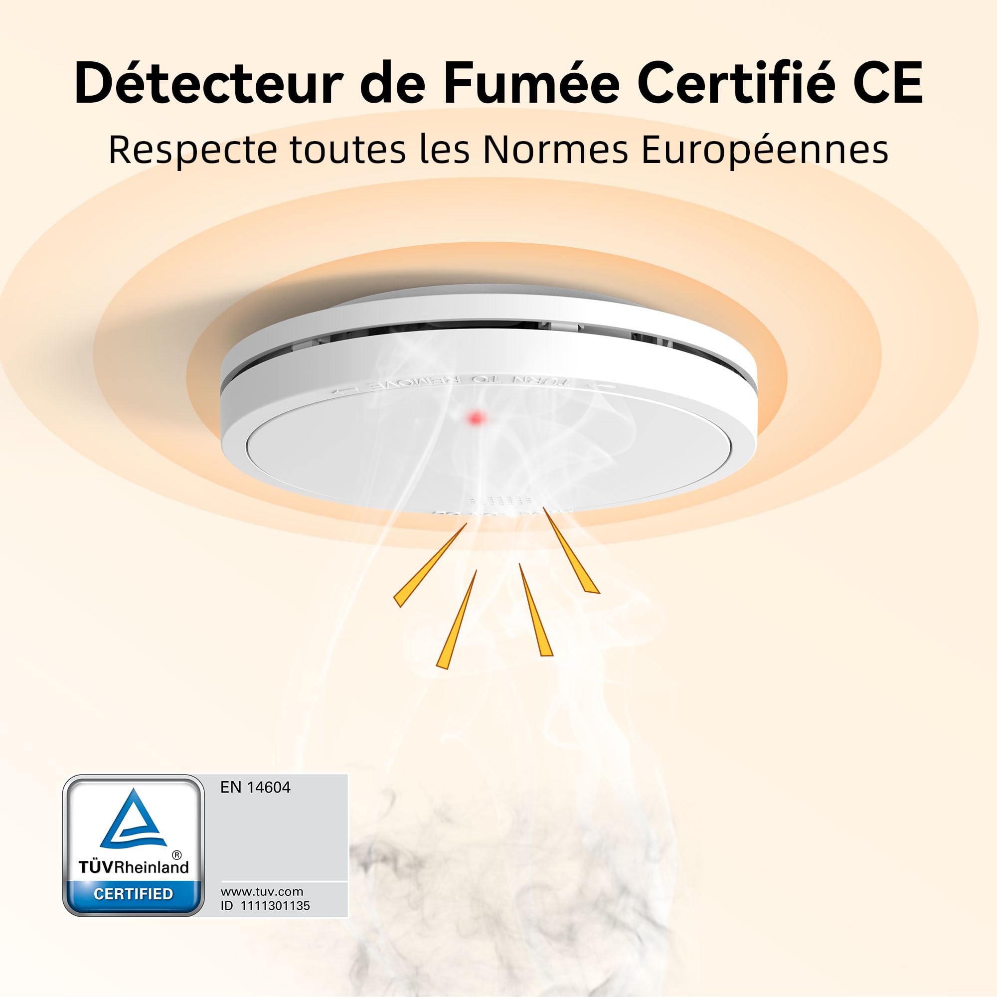 Détecteur de Fumée avec 10 Ans de Durée de Vie de la Pile, Détecteur d'Incendie Répond à la Norme EN14604, Lot de 8