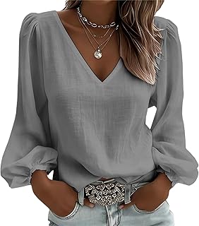 Womens Casual V Neck Shirts Loose Fit Blouses Basic Solid Color Long Sleeve Boho Flowy Tops
