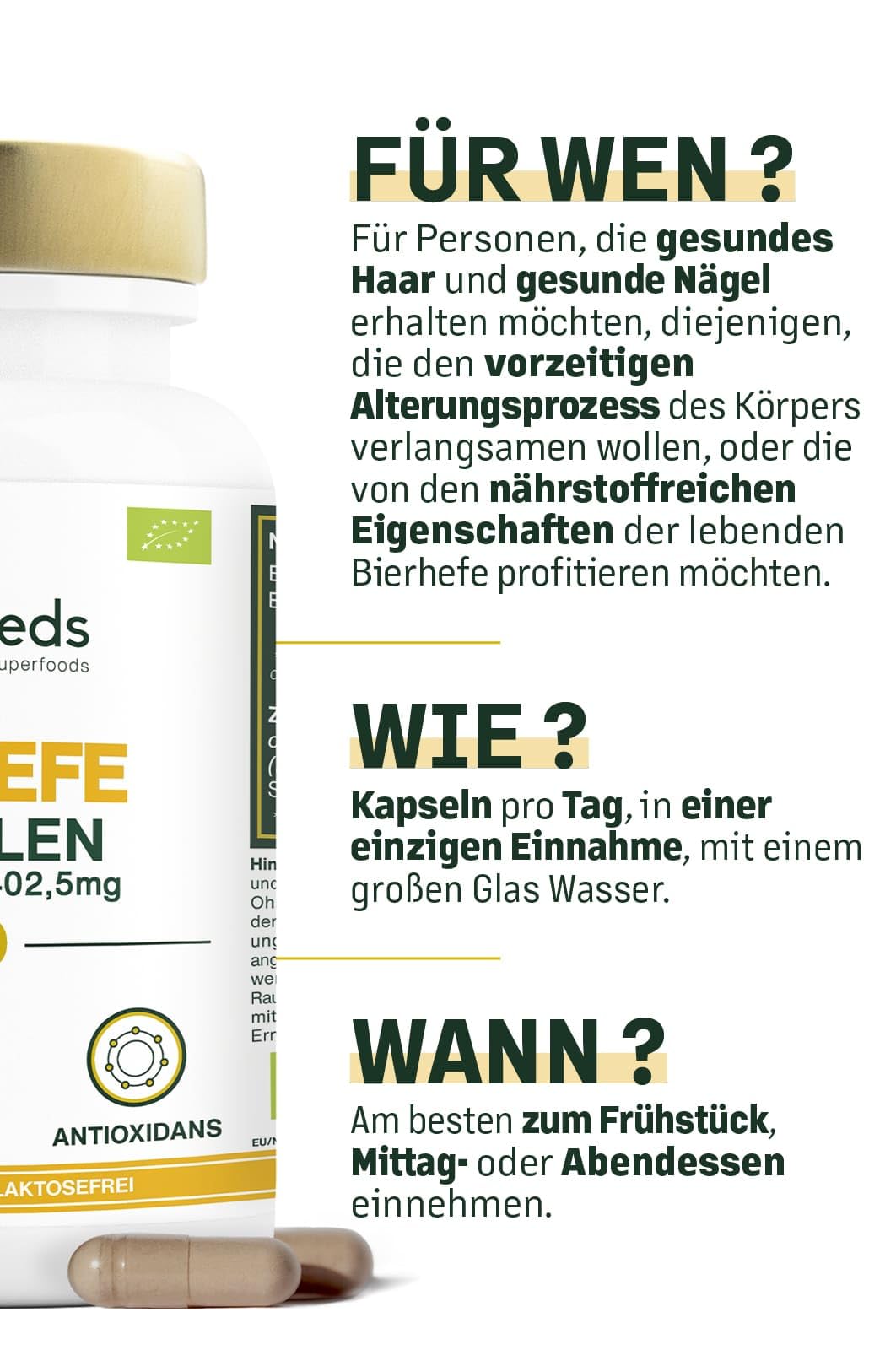 BIO-Bierhefe | Haare und Nägel | Lebendhefe, 1200mg / Tag, Glutenfrei | Angereichert mit Selen | 90 vegane Kapseln | Spitzenqualität