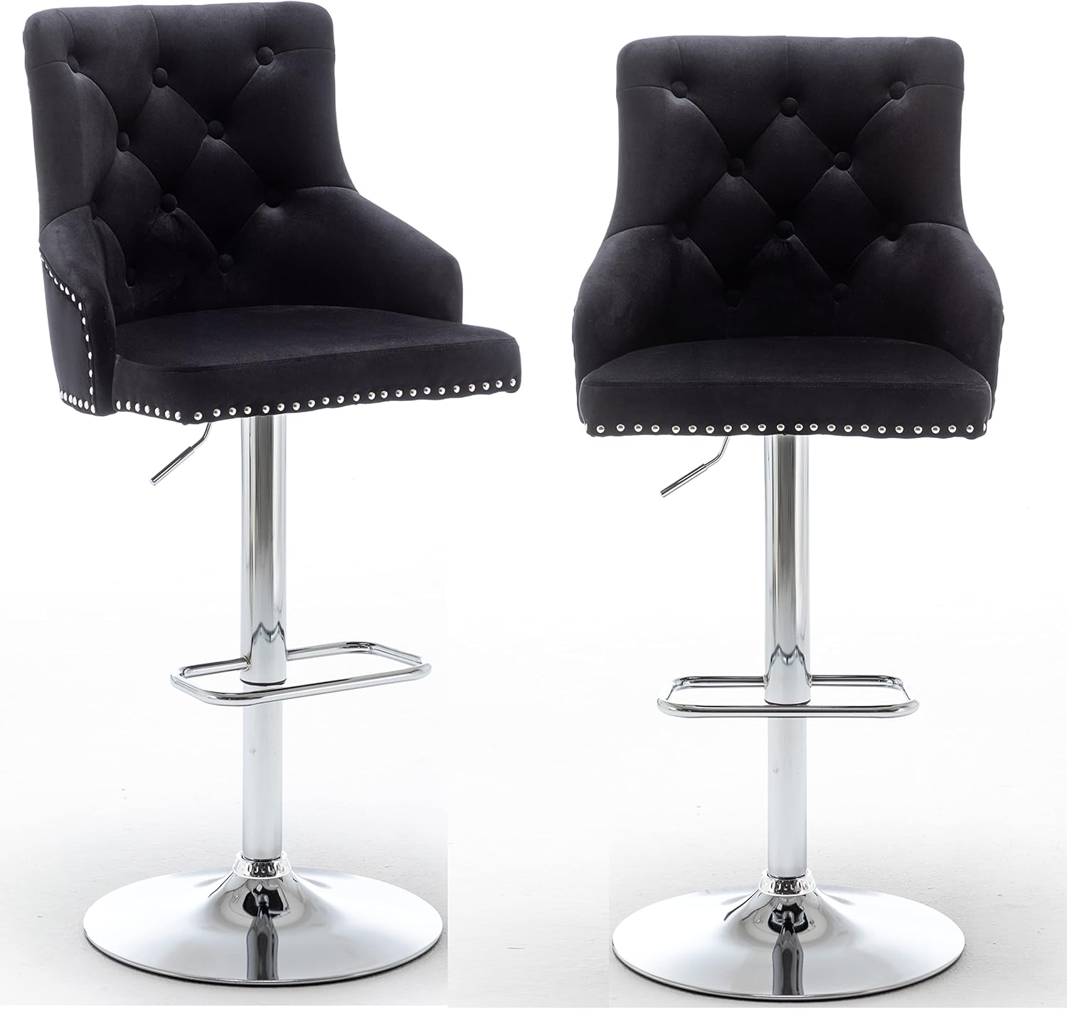 BTEXPERT Set of 2 Black Upholstered 25" - 33" Adjustable High Back Dining Stool Bar Chairs, Black Tufted Nailhead Trim Barstools