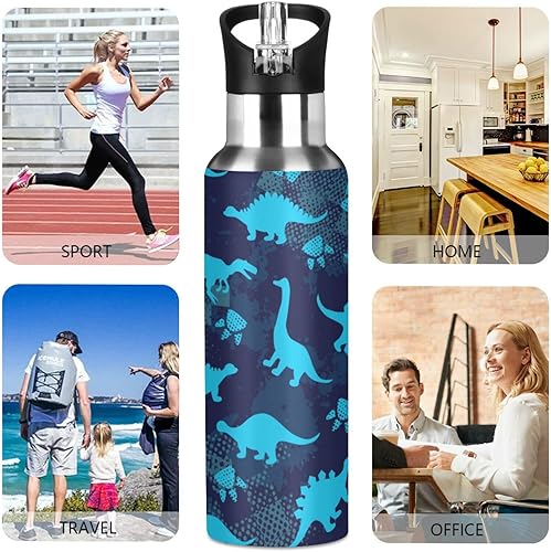Miniatura 4 de Qilmy Botella de agua deportiva con tapa de pajilla, aislada al vacío, de acero inoxidable, termo de dinosaurio, botella de agua de 20 onzas