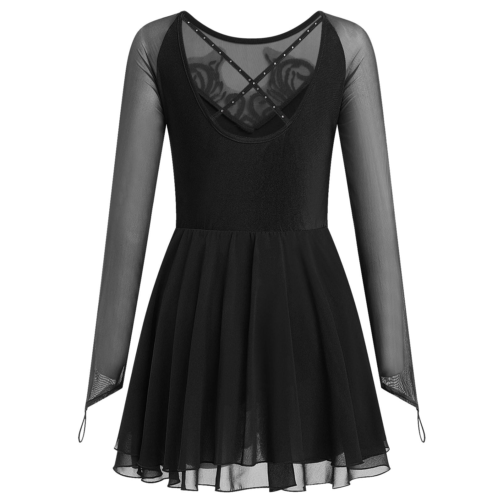 FYMNSI Robe de danse, patinage artistique, à manches longues, pour femme, patinage artistique, compétition, costume de danse avec paillettes, fleurs, en mousseline de soie, robe de ballet