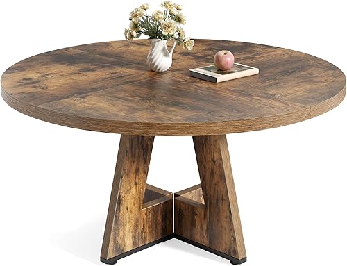 Miniatura 9 de LITTLE TREE Mesa de comedor redonda para 4-6 personas, mesa de comedor de 47 pulgadas con base de pedestal de madera, mesas de comedor marrones