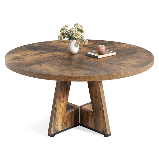 LITTLE TREE Round Dining Table for 4-6 People, 47 Inches Dining Room Table with Wooden Pedestal Base, Circle Kitchen Tables for Dining Room, Kitchen, Living Room, Rustic Brown