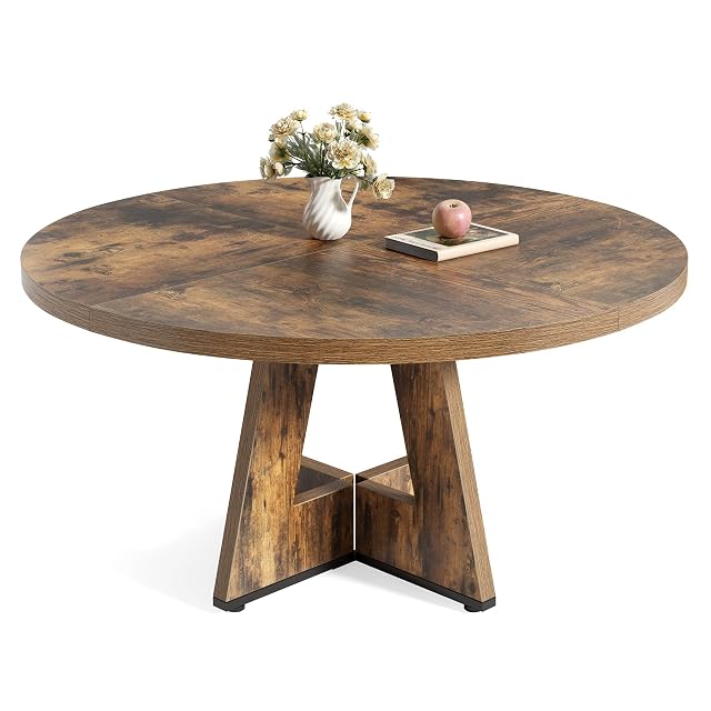 LITTLE TREE Round Dining Table for 4-6 People 47 Inches Dining Room Table with Wooden Pedestal Base Circle
