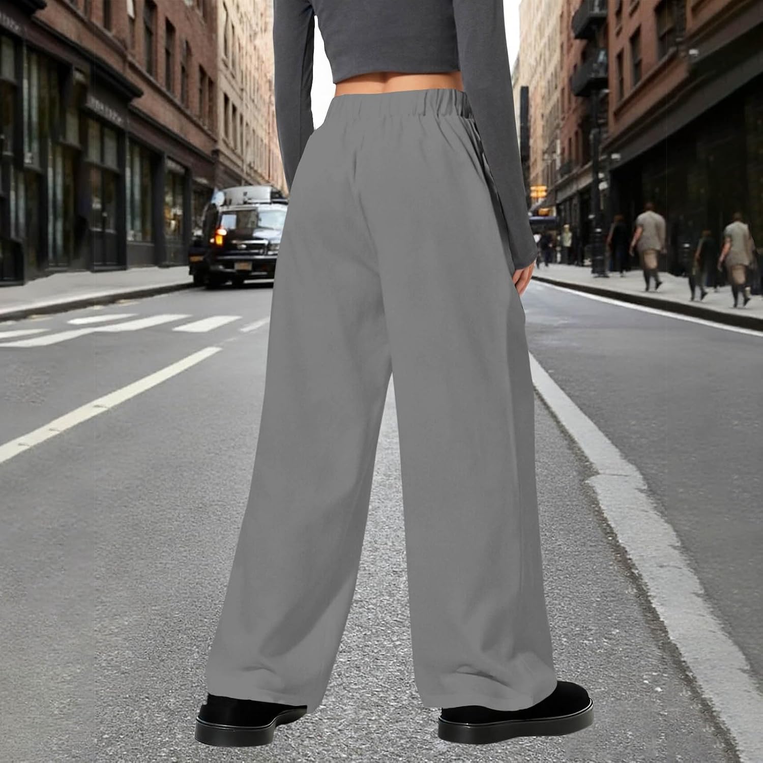 Womens Elastic High Waist Casual Pants Wide Leg Summer Palazzo Trousers with Pockets Lightweight Comfy Sweatpants