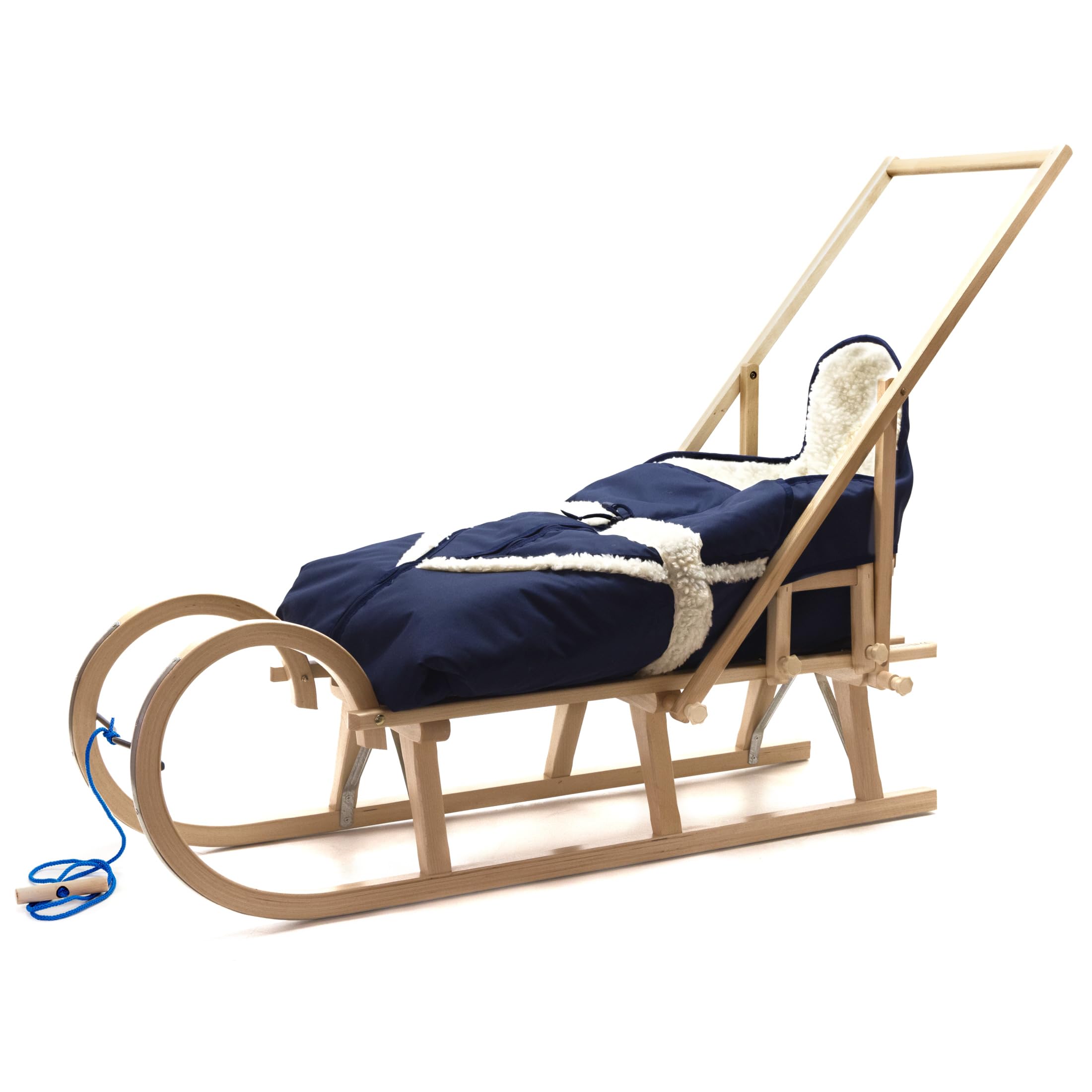 Babyschlitten Hörnerschlitten Holzschlitten Baran Baby 120 mit Lehne Schieber Alaska Schlittensack mit Farbauswahl (Granatblau)
