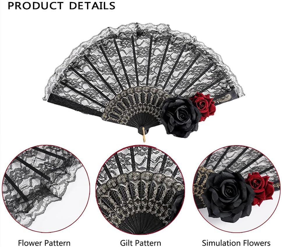 Halloween Black Hand Fan Lace Rose Handheld, Vintage Retro Flower Spanish Large Folding Fan for Women Spanish Lace Dancing Gift European Style for Wedding Party Show Cosplay Photo Props Decorations