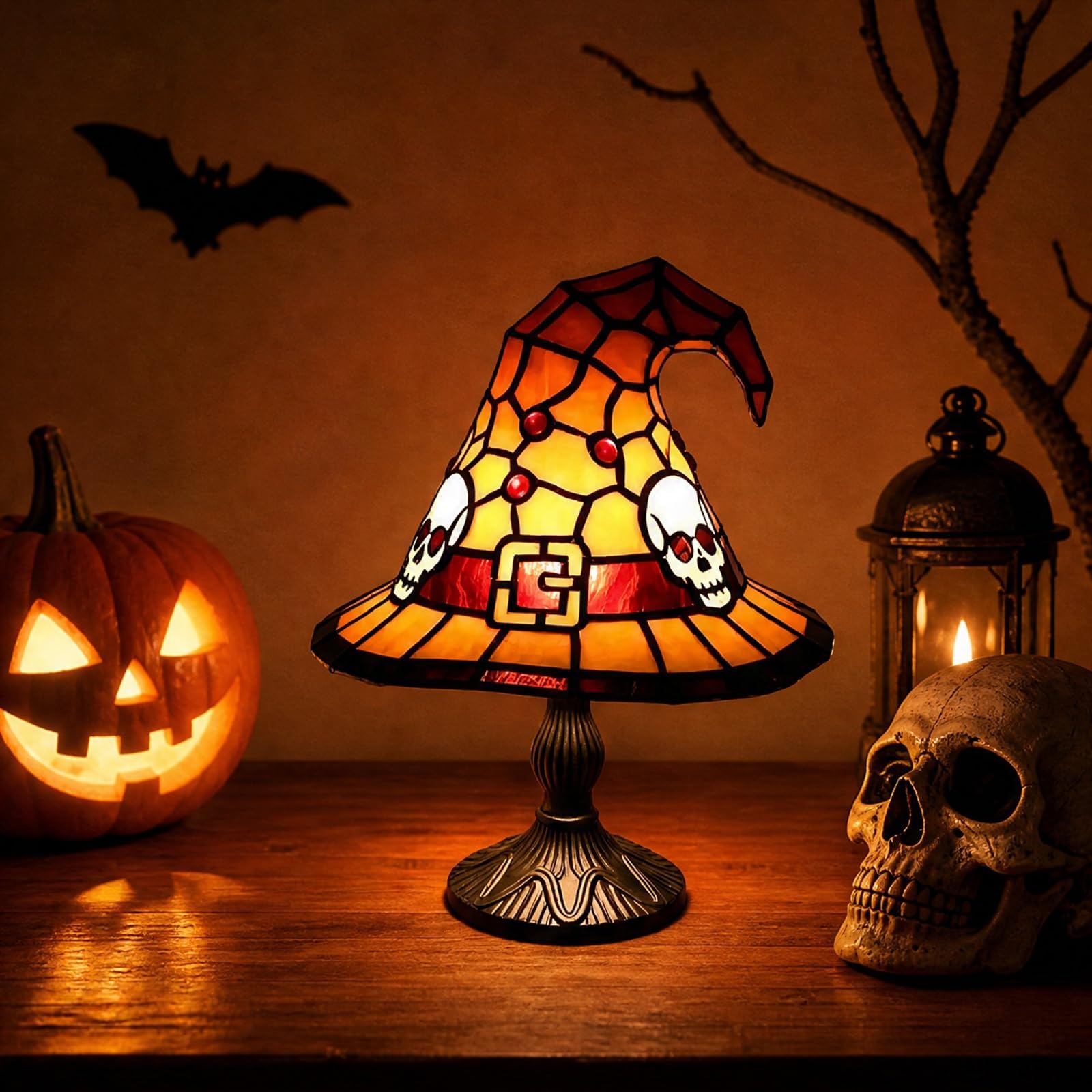 Stained Glass Witch Hat Table Lamp Gothic Halloween Retro Night Light，Orange