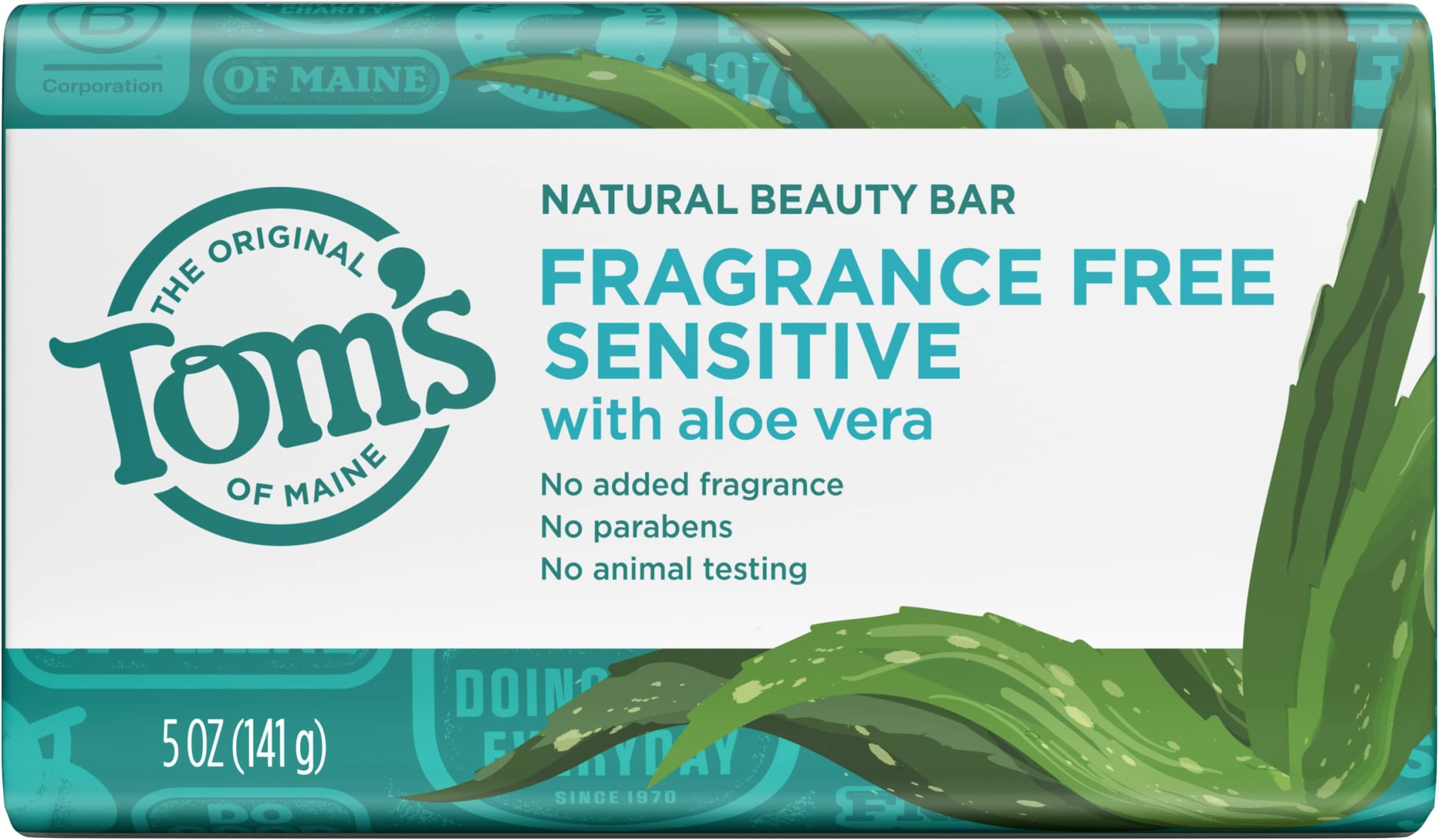 Tom's of Maine Natural Beauty Bar Soap for Sensitive Skin With Aloe Vera, Fragrance-Free, 5oz.