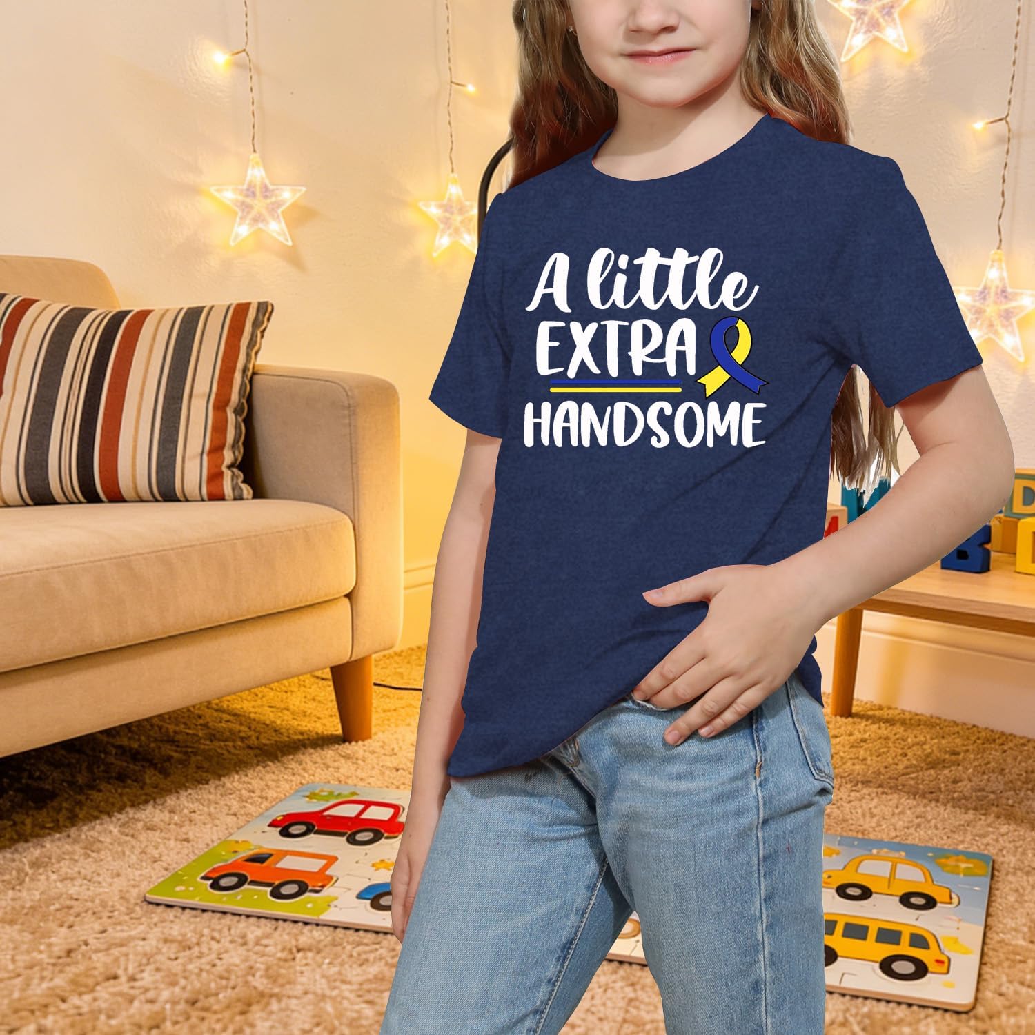 Kids Down Syndrome Awareness Shirts A Little Extra Handsome Girls Boys T-Shirt Blue Yellow Ribbon Toddler Tee