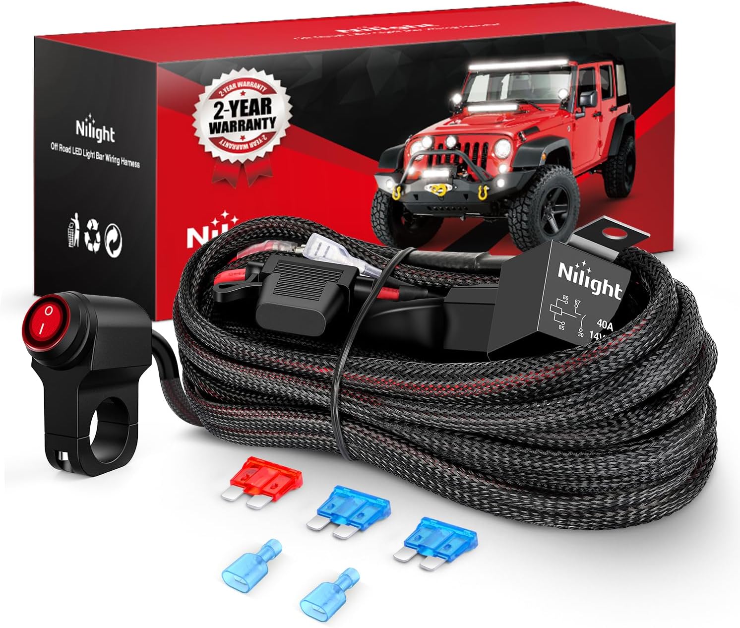 Nilight Wiring Harness Kit Nylon 16 AWG 1 Lead 12V Motorcycle Handlebar Switch On Off Power Relay Blade Fuse for LED Light Bar Off Road Lights on Motorcycles Bicycles ATV UTV