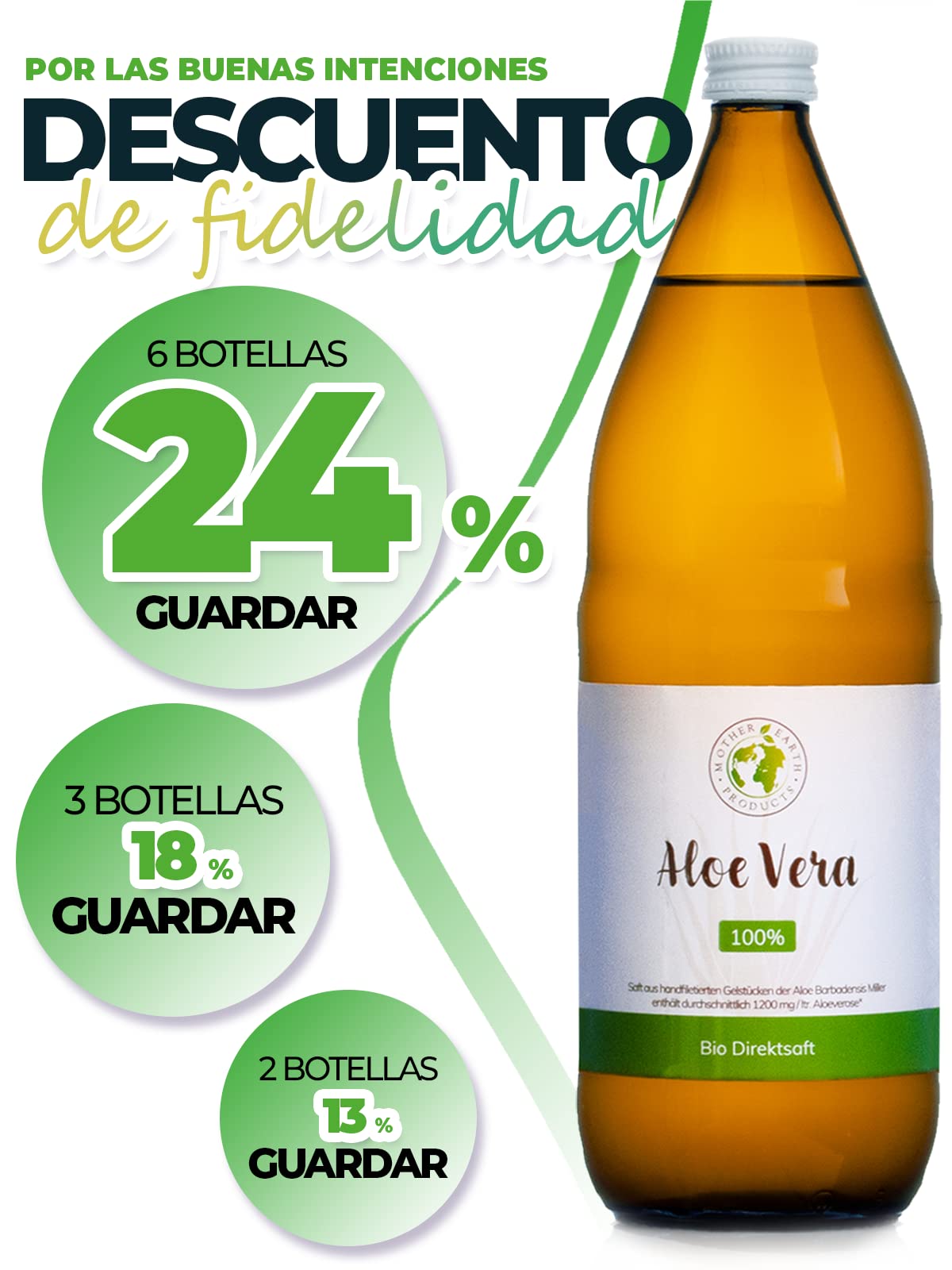 Mother Earth Products Zumo aloe vera puro ecológico 100% | Fileteado a Mano | Promedio de 1200mg/l de Aloverosa | Botellas de Vidrio Ámbar | 2 x 1000ml