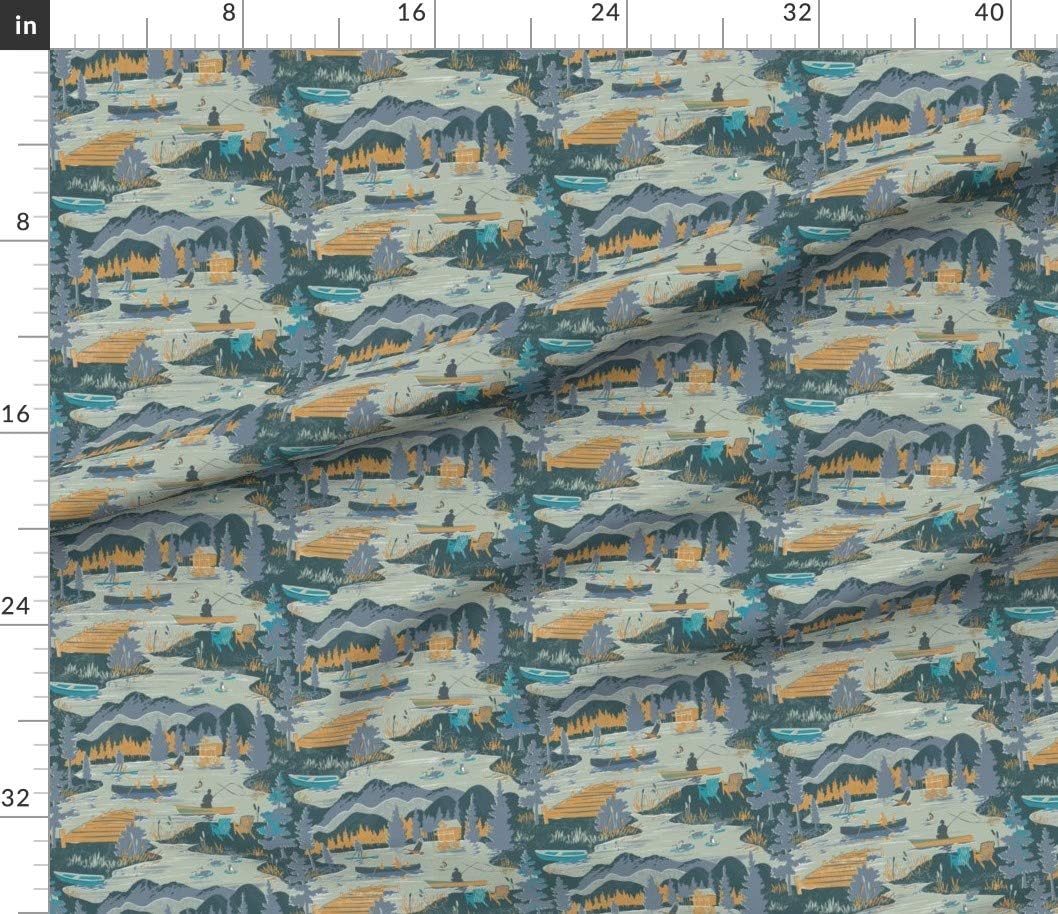 Spoonflower Fabric - Summer Woods Lake Fishing Boat Adirondack Camping Cabin Canoe Paddle Printed on Petal Signature Cotton Fabric Fat Quarter - Sewing Quilting Apparel Crafts Decor