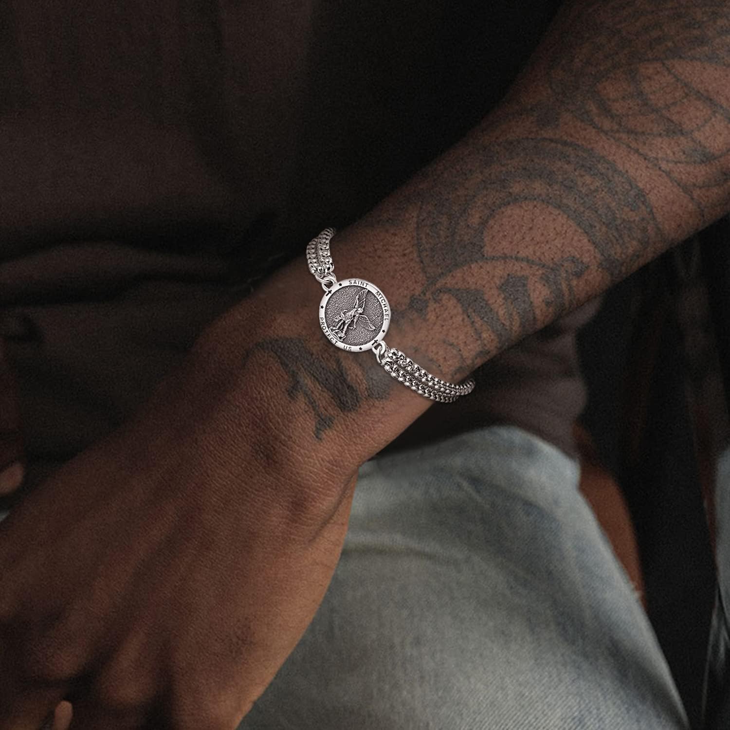 KINGWHYTE St Michael/St Christopher Bracelet Sterling Silver Men Adjustable Bracelet Religious Protection Jewelry Amulet Gift for Men Women with 7+2 Inch Stainless Steel Chain - Image 4