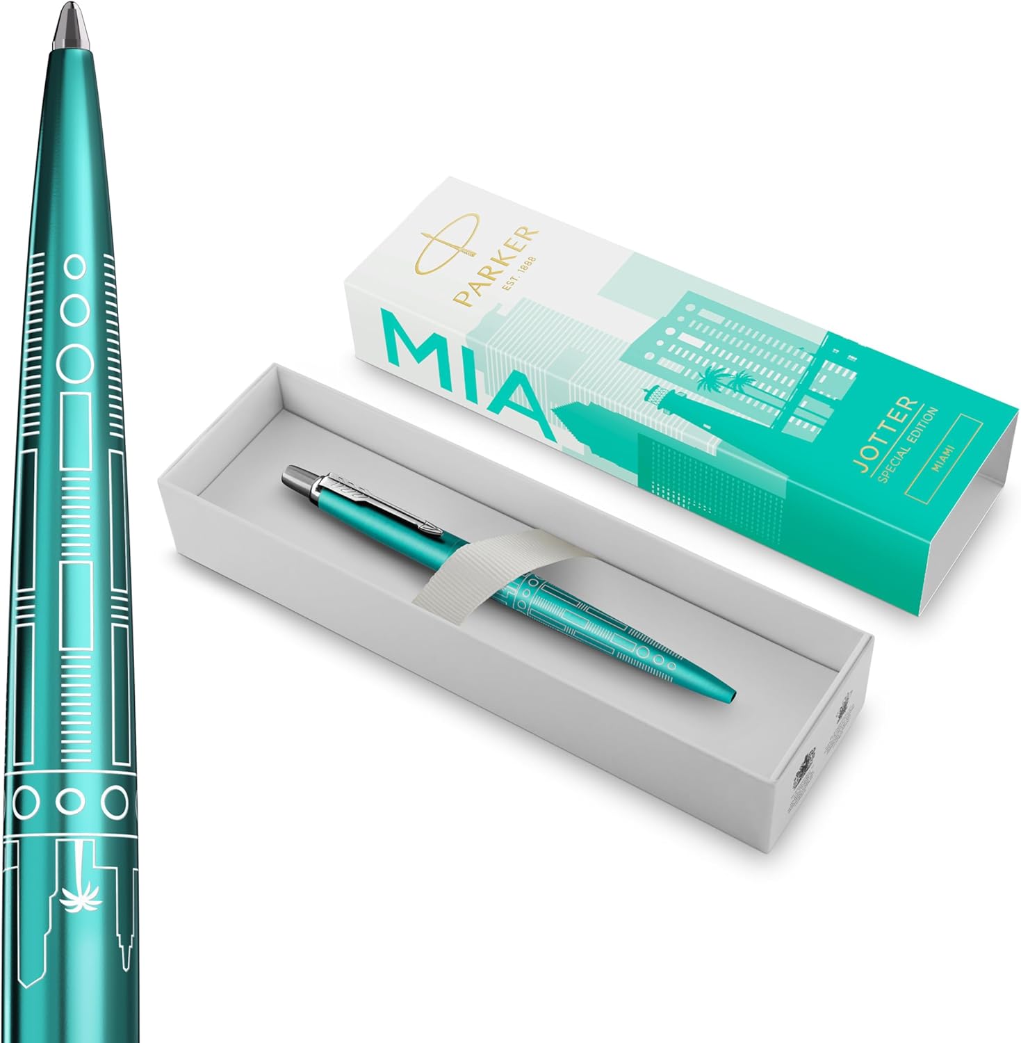 Parker Jotter Ballpoint Pen | Special Edition | Miami Turquoise with Chrome Trim | Medium Point | Blue Ink | Gift Box