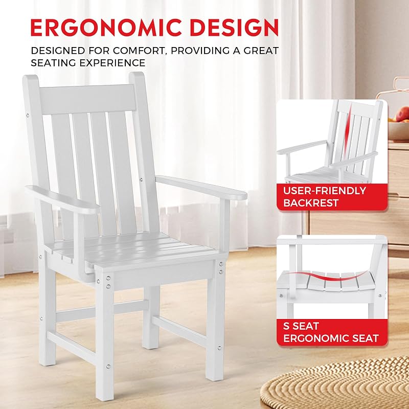 Costaelm Patio Dining Chairs, Plastic Outdoor Adirondack Chair with Arm, HDPE Poly Lumber, Waterproof Restaurant Bistro Dining Chair for Outside Porch Backyard Garden, White image 4