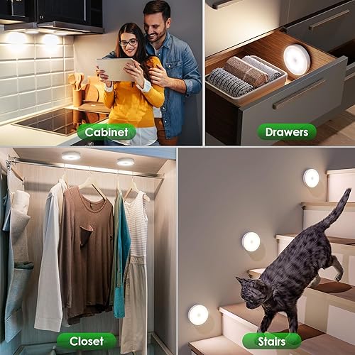 Miniatura 5 de YLXS Luz de disco con sensor de movimiento con control remoto, luces inalámbricas regulables para debajo del gabinete, luz magnética recargable, luz