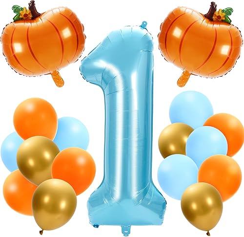 Whaline 17 globos de calabaza para el primer cumpleaños, globos de calabaza número uno, globos azules, dorados, naranjas, para otoño, Acción de