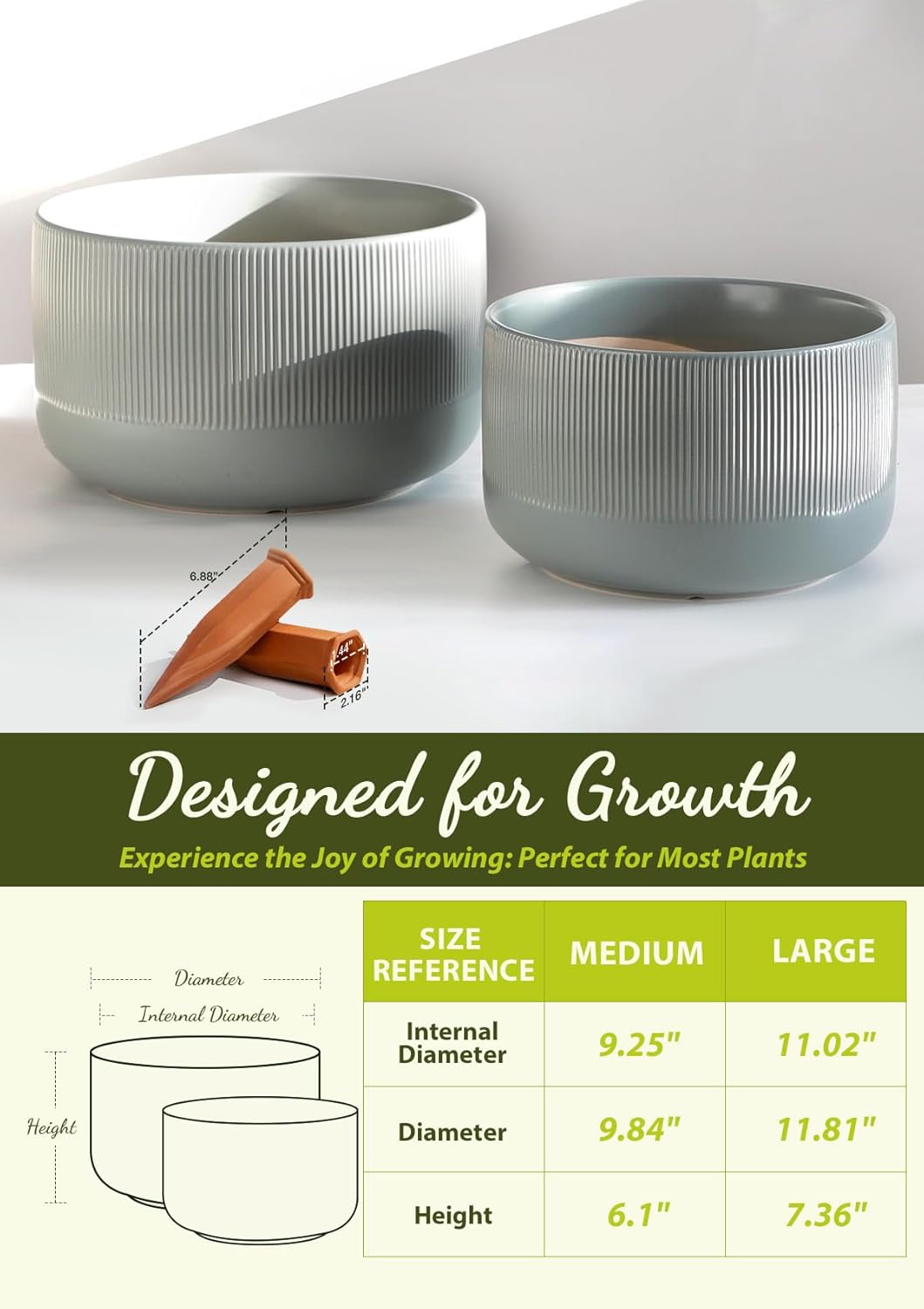 Ceramic Planters - 10+12 Inch Large Pots for Indoor & Outdoor Plants, Modern Flower Pots with Drainage Holes and Self Watering Devices, House Grey-Blue Big Plant Pot, Set of 2
