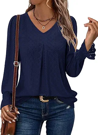 KISSMODA Long Sleeve Fall Shirts For Women V Neck Tunic Tops Embroidered Button Down Knitted Blouses 2025