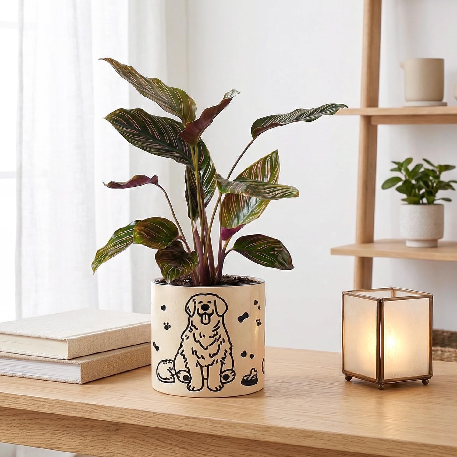 STHIE Ceramic Plant Pots with Drainage Holes, 5 inch Round Flower Pots for Indoor Plant, Cute Flower Planters for Snake Plant, Hand-Painted Garden Pots (Sitting Dog)