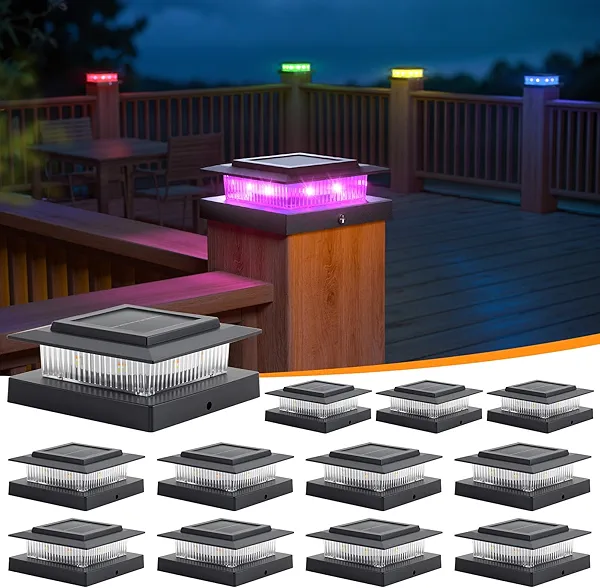 APONUO 12 Pack Solar Post Cap Lights RGB Color Changing - 8 Solid Colors & Flowing Multicolor, IP65 Waterproof for 4x4 Wood/Vinyl Posts, Auto On/Off Deck Fence Patio Garden Lighting, Black