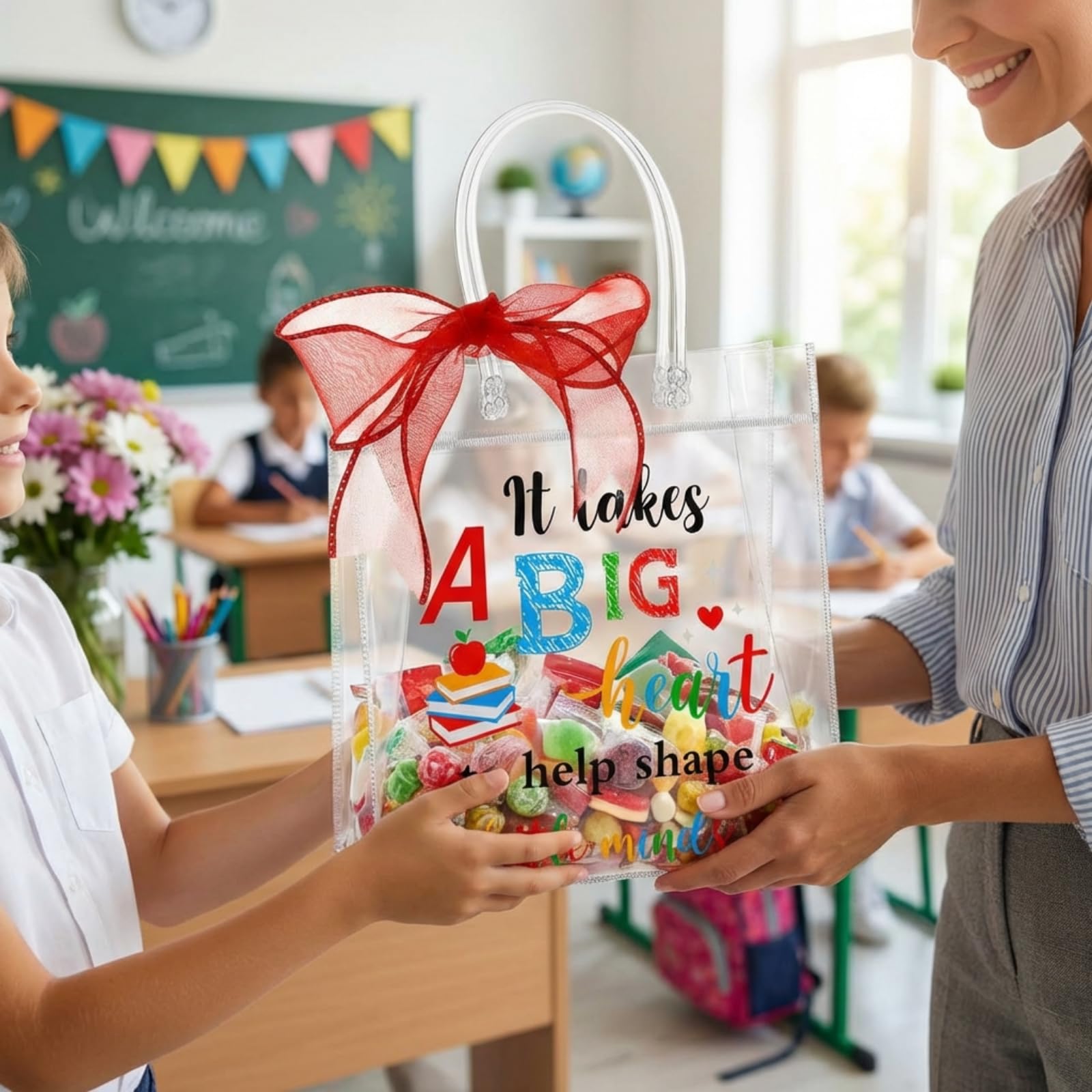 Henoyso 24 Pcs Teacher Appreciation Gift Bags Bulk Clear PVC Party Favor Bags with Handles and Ribbon, 7.8 x 7.8 x 3.1 Inches Plastic Candy Goodie Treat Totes for End of Year Wrapping Supplies