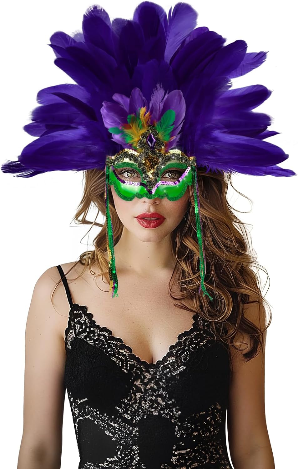 Green Feather Masquerade Mask Headwear Carnival Headpiece Showgirl Cosplay Accessories for Women