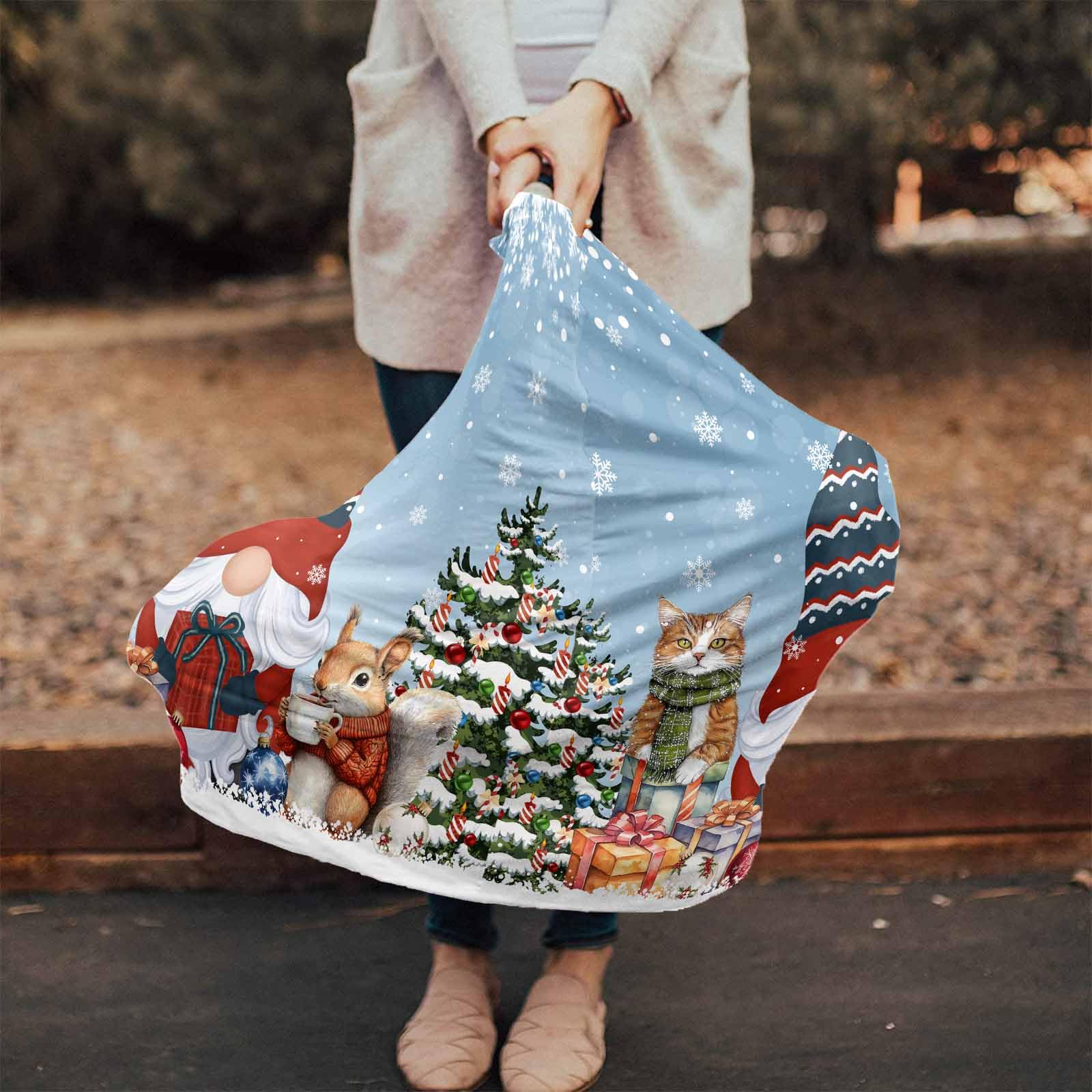 Nursing Cover for Breastfeeding Scarf, Merry Christmas Gnomes Xmas Tree Squirrel Cat Light Blue Baby Car Covers Super Soft Multi Use for Canopy Shopping Cart Cover Blanket Stroller Cover