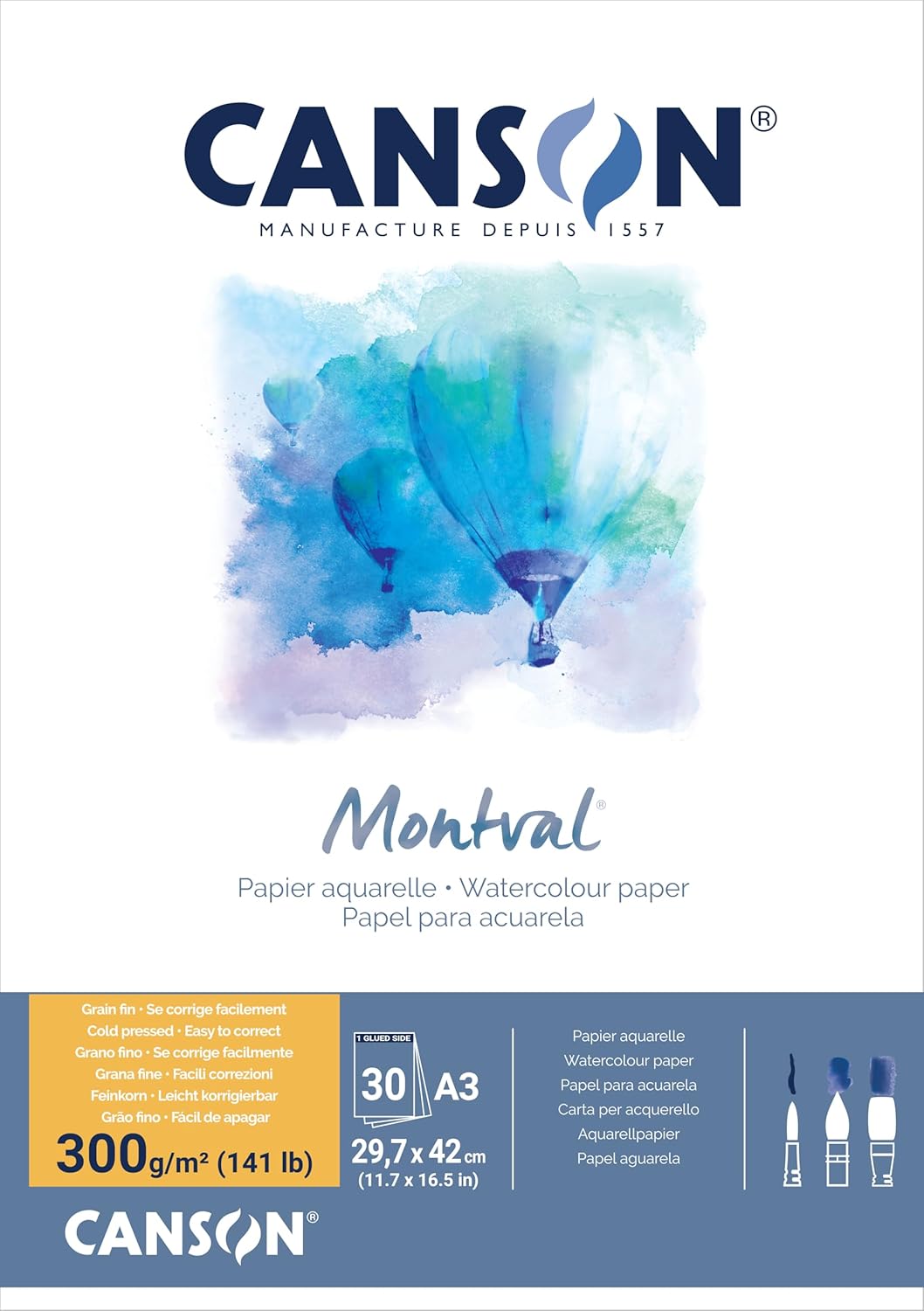 Canson Montval A3 29.7 x 42 cm 300gsm Fine Grain Watercolour Paper Short Page, White, 30 Sheets