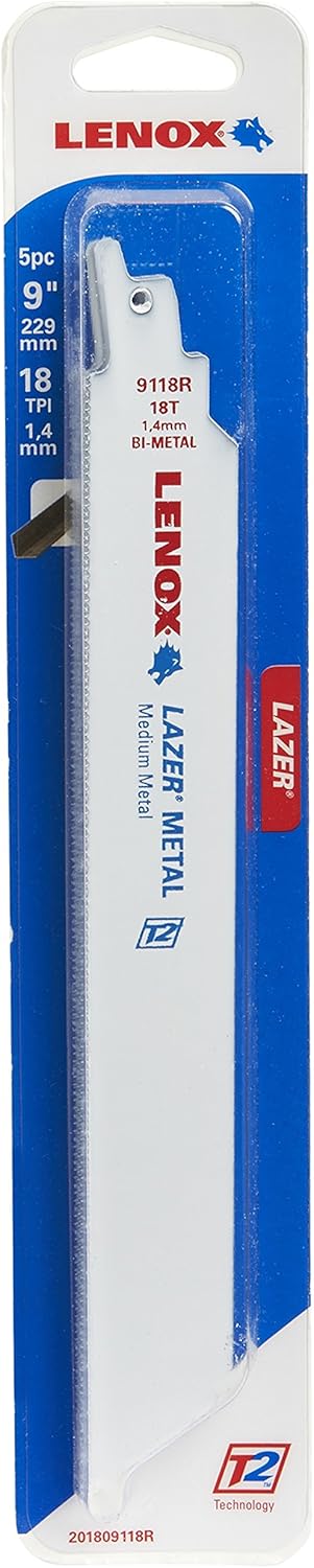 Lenox Tools LENOX Tools LAZER Metal Cutting Reciprocating Saw Blade, Bi-Metal, 9-inch, 18 TPI, 5/PK (201809118R)