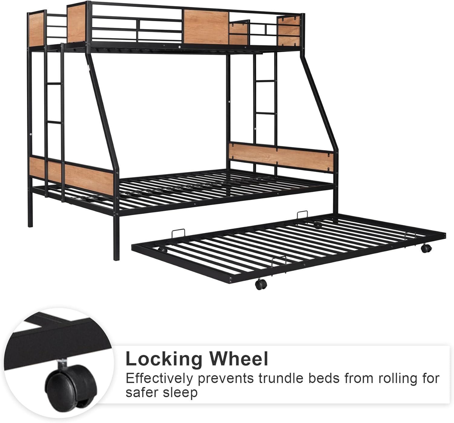 Rophefx Twin Over Full Bunk Beds with Trundle, Heavy Duty Metal Bed Frame with Safety Rail 2 Side Ladders Triple Bunk Bed No Box Spring Needed Space-Saving, Black