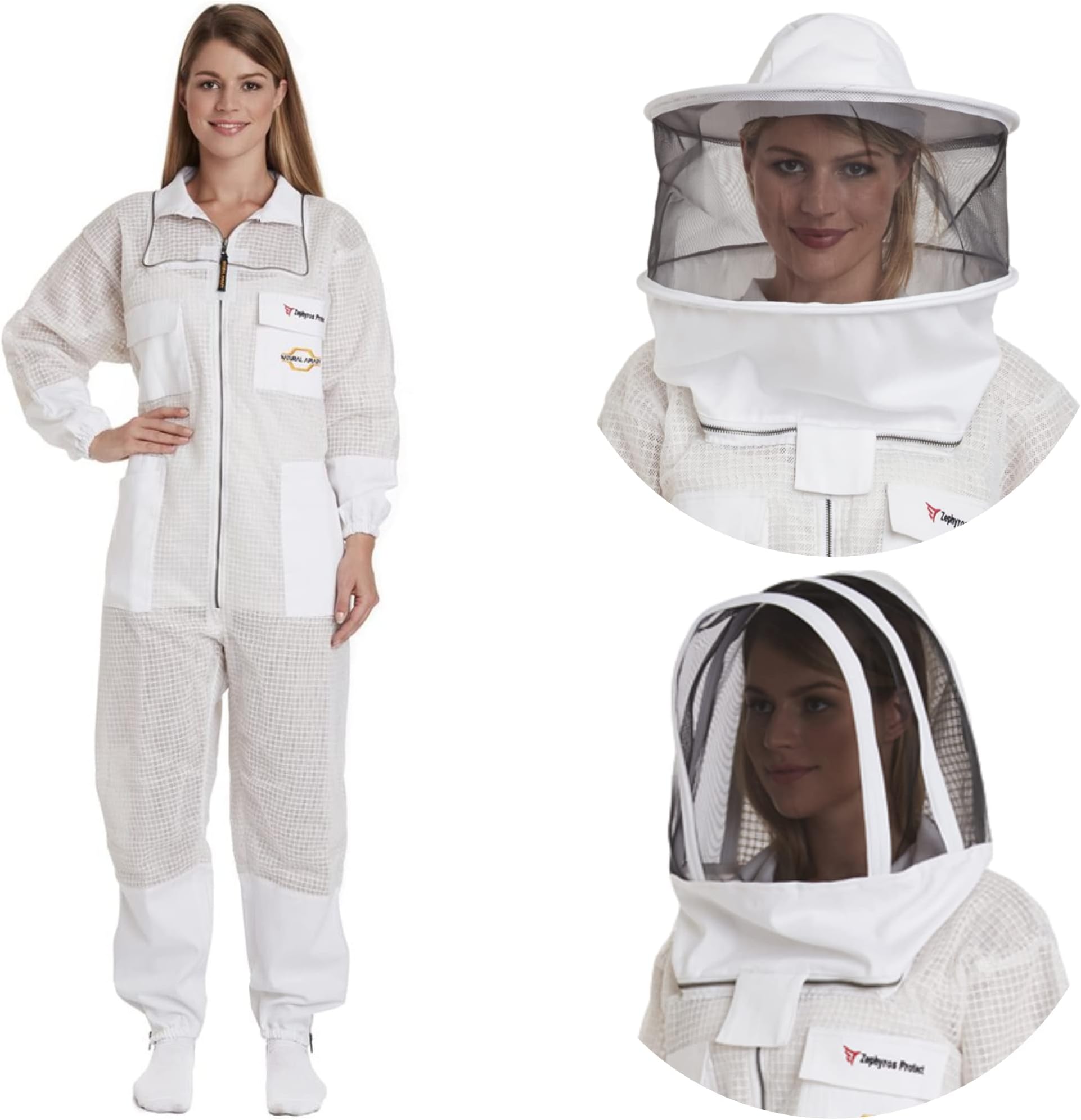 Zephyros Protect - 3 Layer Ventilated Beekeeping Suit Outfit - with 2 Non-Flammable Veil Mesh (Round & Fencing) - Beekeepers Stay Ultra Cool & Protection from Bees & Wasps