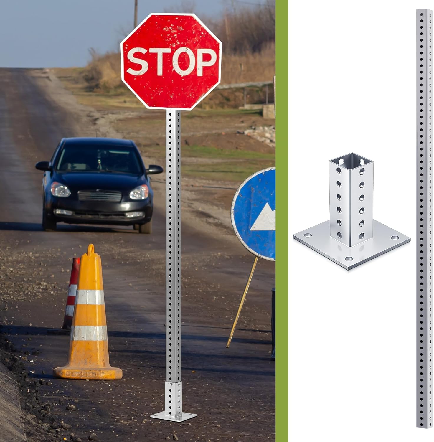 MorningRo Square Sign Post Kit 6 ft Tall x 2" Wide Galvanized Iron Post and Base Perforated Square Tube with Bolts Industrial Metal Tube Set for Concrete and Asphalt