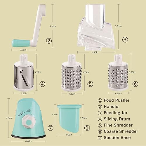 Miniatura 5 de Rallador de queso, manivela de mano, rallador giratorio 3 en 1 de acero inoxidable y triturador para queso, verduras, frutos secos, chocolate,