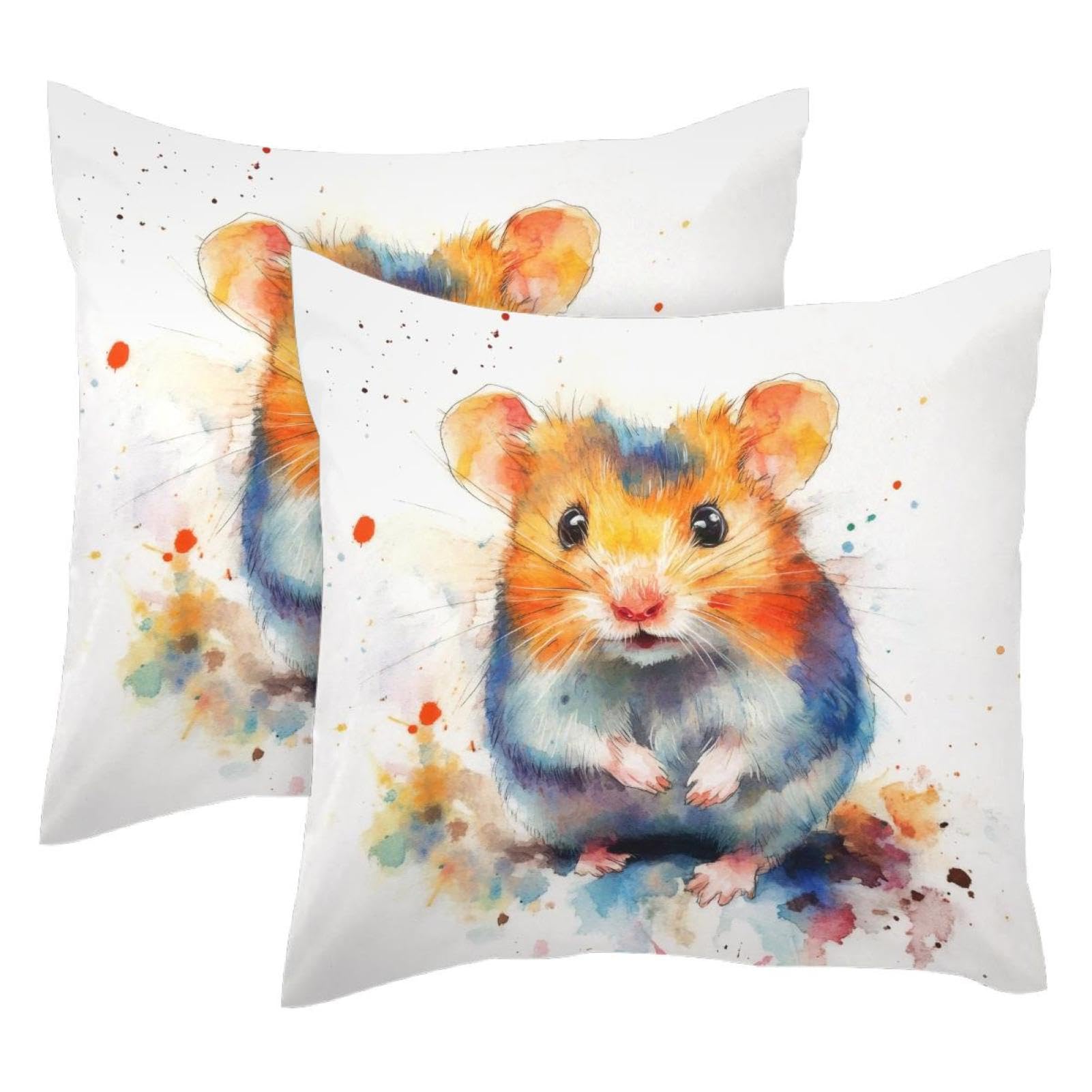 Housses de coussin velours aquarelle hamster 50x50 cm lavables grand confort