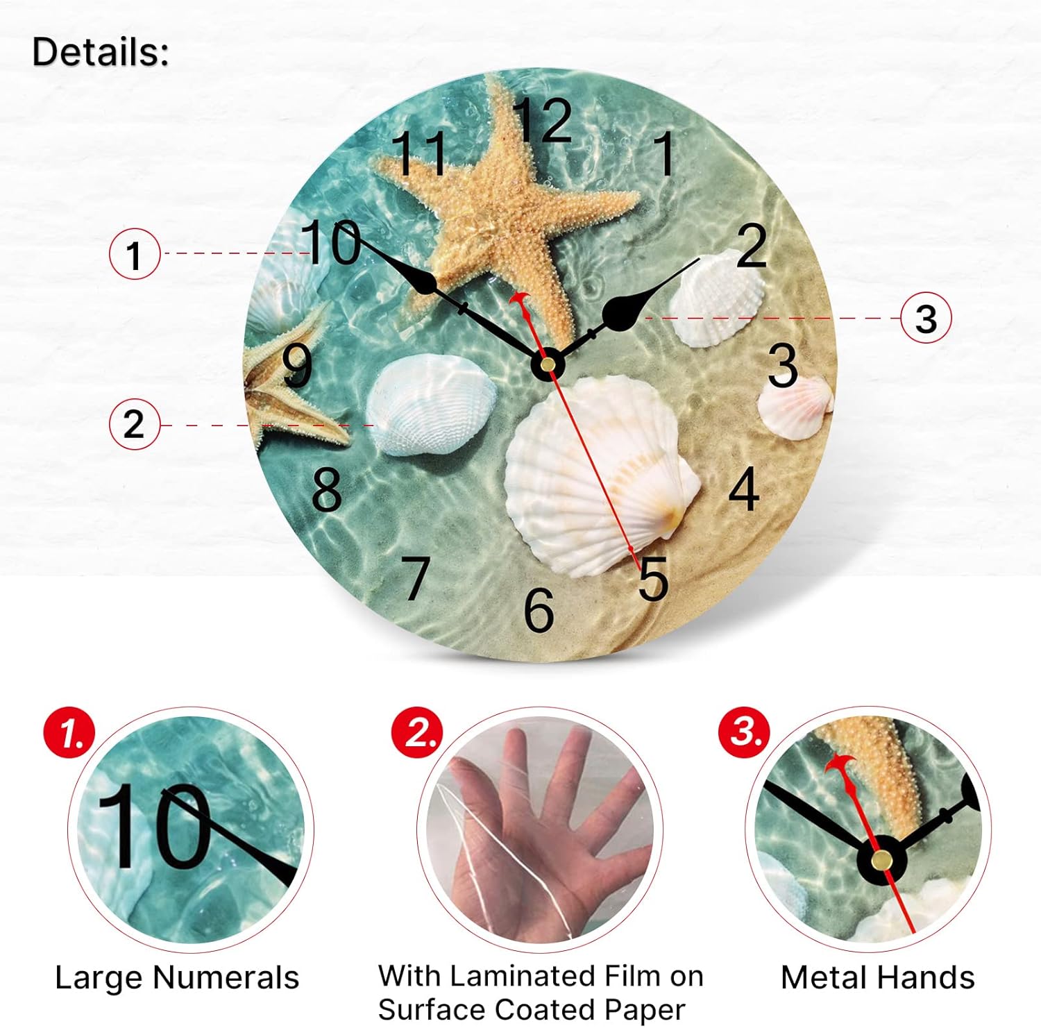 TAHEAT Beach Seashell Starfish Wall Clock, Coastal Nautical Bathroom Decor and Accessories, Silent Decorative Battery Operated Clocks for Living Room Kitchen Bedroom, 12 Inch