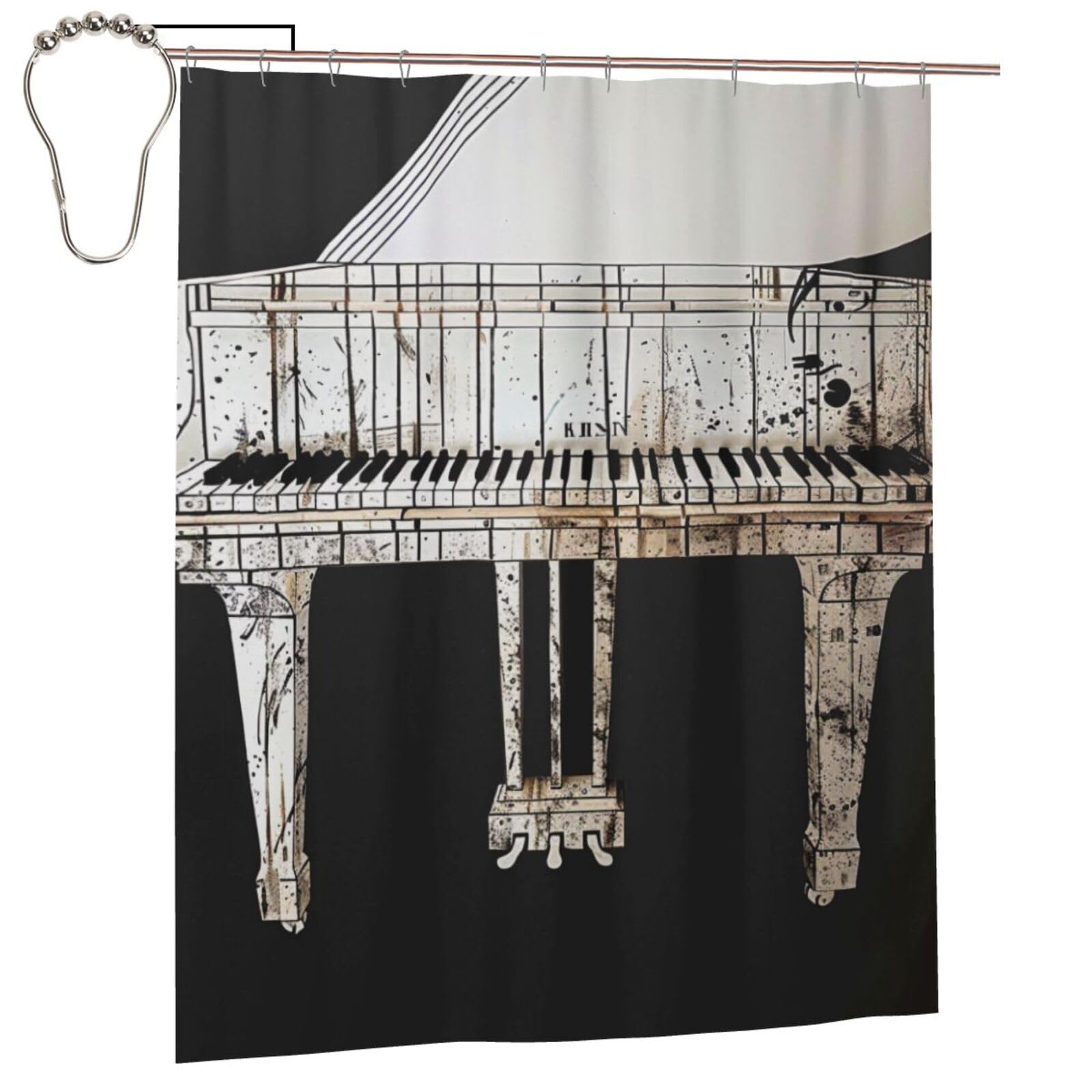 BWWHCCTI Piano Printed Shower Curtain With 12 Iron Hooks Opaque Quick Drying Waterproof Shower Curtains Sets For Bathroom 152x183 Cm