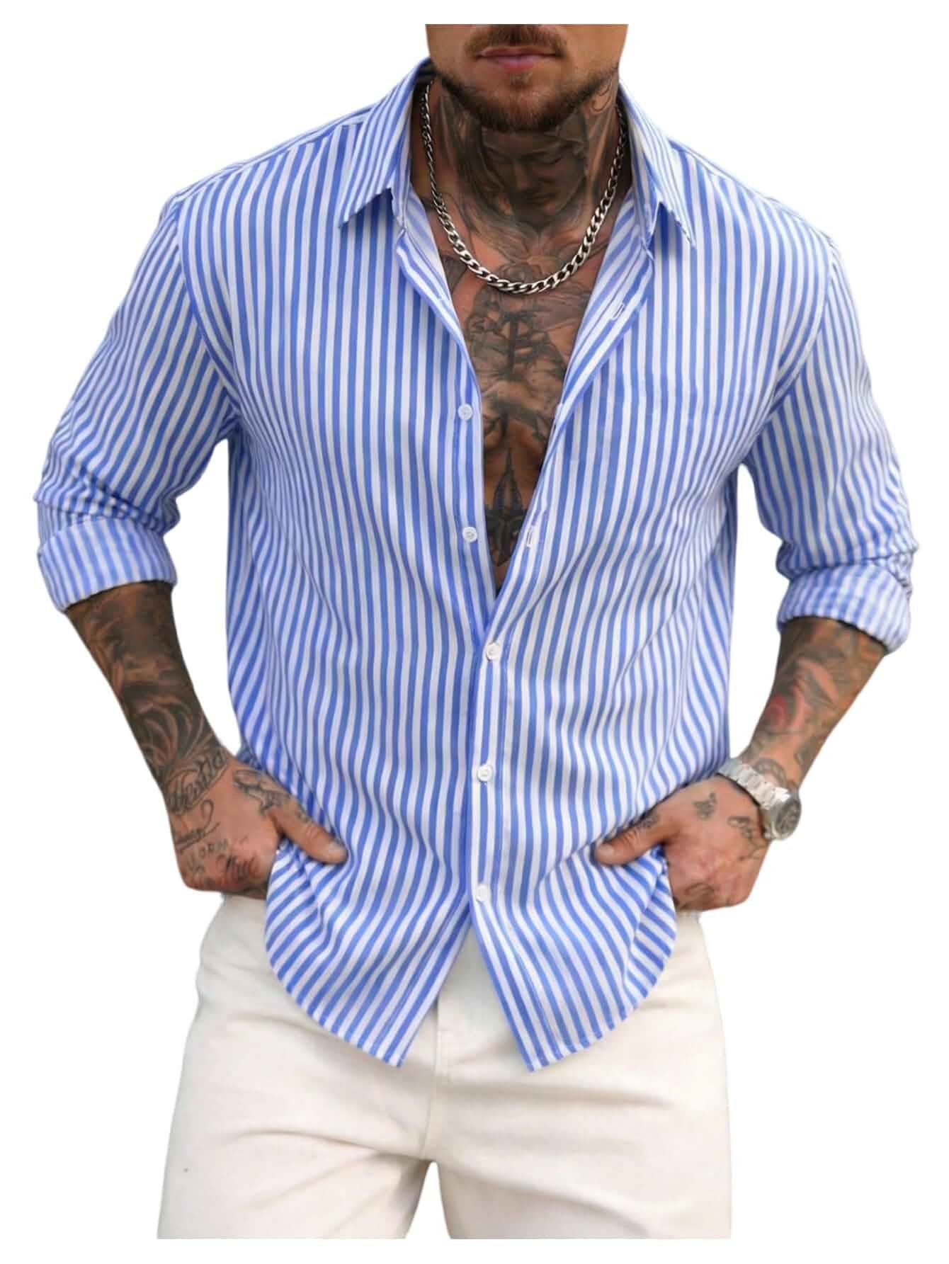 GORGLITTER Men's Striped Dress Shirts Button Up Long Sleeve Collared Tops Oversized Baggy Shirts, Button Down, Blue and White Striped, Business Casual Work Office Outfits