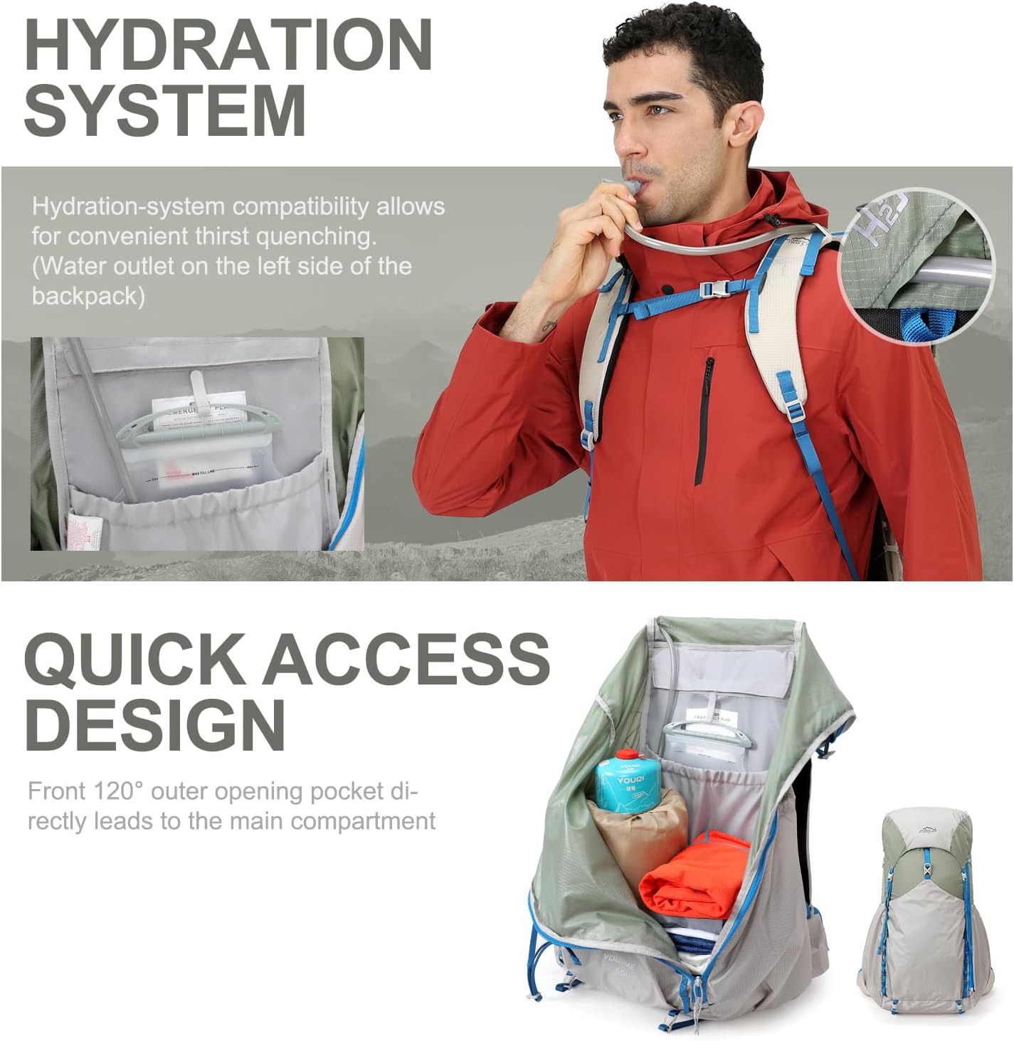 IX INOXTO 55L Internal Frame Waterproof Hiking Camping Backpack with 3L Water Bladder and Rain Cover, Large Lightweight Travel Daypack Rucksack for Climbing (Light Gray) - Image 6