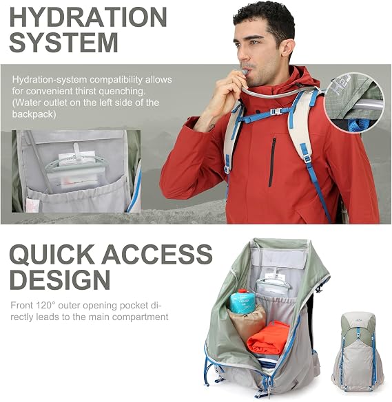 IX INOXTO 55L Internal Frame Waterproof Hiking Camping Backpack with 3L Water Bladder and Rain Cover, Large Lightweight Travel Daypack Rucksack for Climbing (Light Gray)