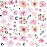 AOWDIAO 60pcs Watercolor Peony Flower Peel & Stick Wall Decals - Pastel Floral Leaves Stickers for Girls Bedroom Nursery Decor